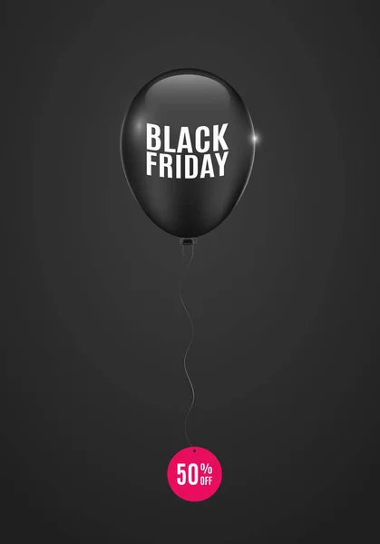 Flygande svart ballong med en inskription på svarten fredag. Stor försäljning. Runda rosa klistermärke med rabatt. Mörk bakgrund. Shopping, super försäljning. Vektor — Stock vektor