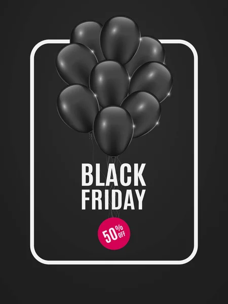 Banner mit schwarzen Luftballons zum Verkauf Black Friday. dunkler Hintergrund. Strauß Luftballons. runde Aufkleber mit Rabatt. weißer Rahmen mit Text. Shopping, große Rabatte. Vektor — Stockvektor