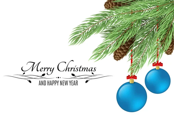 Новорічні фону з текстом. Веселого Різдва і щасливого нового року. Різдвяна ялинка з конуси ізольовані на білому тлі. Чорний текст. Синій реалістичні новорічні кулі. Вектор — стоковий вектор