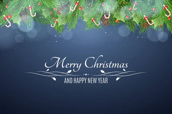 Kerstmis achtergrond. Besneeuwde bessen met een fir-tree op een donker blauwe achtergrond. Witte tekst. Lollies met een strik. Vallende sneeuw. Gelukkig Nieuwjaar. Vector — Stockvector