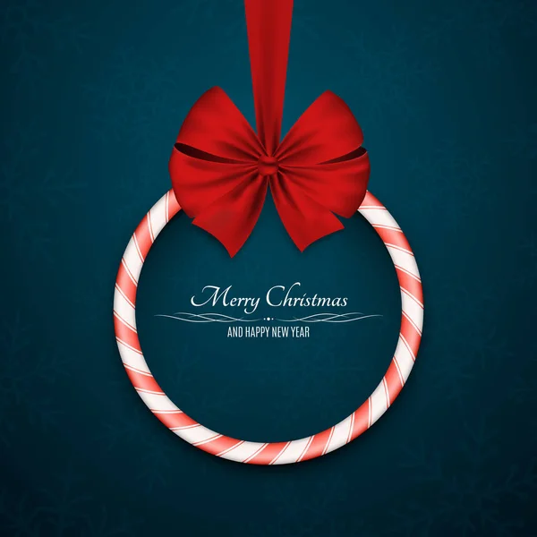 Christmas sugar sweet red lollipop with red realistic ribbon on a dark blue background with snowflakes. Round banner. Sweet gift. Happy New Year. White text. Vector — Stock Vector