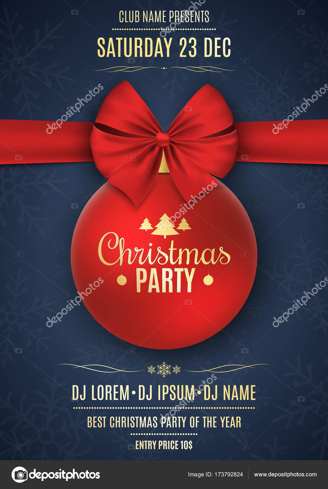 Invitasjon til julefest. Rød ball med rødt bånd på mørkeblå bakgrunn med  snøfnugg. Navn på DJ-en og klubben. Gulltekst på mørk bakgrunn. Vektor  stockvektor © sersupervector #173792824, image size:1143x1700