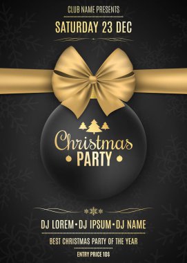 Bir Noel partisine davet. Siyah top kar taneleri siyah bir zemin üzerine altın bir kurdele ile. Dj ve kulüp isimlerini. Karanlık bir arka plan üzerinde altın metin. Vektör