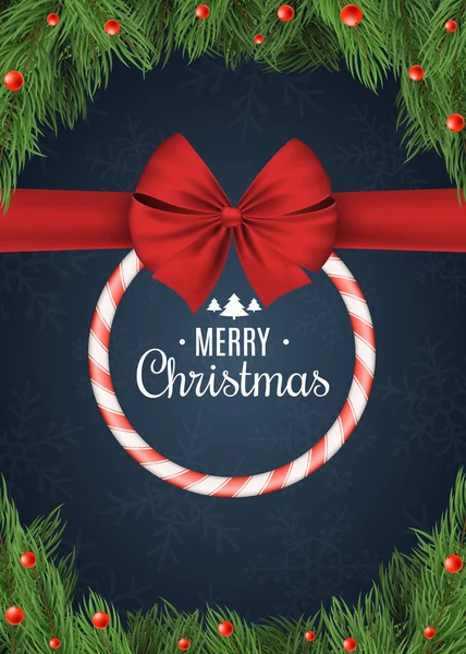 Uitnodiging voor een kerstfeest. Rood witte lolly met rood lint op een donker blauwe achtergrond. Kerstboom en sneeuw bessen. Witte tekst. Vector — Stockvector
