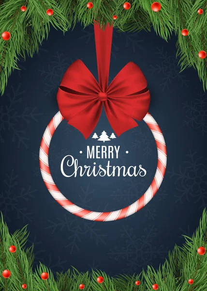 Uitnodiging voor een kerstfeest. Rood witte lolly met rood lint op een donker blauwe achtergrond. Fir tree en sneeuw bessen. Witte tekst. Vector — Stockvector