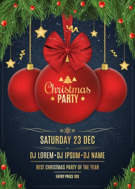 Bir Noel partisine davet. Noel kavramı. Kar taneleri bir koyu mavi zemin üzerine kırmızı kurdele ile kırmızı top. Köknar ağacı ve kar çilek. DJ ve kulübü. Altın metin ve yıldız. Vektör
