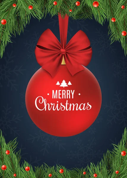 Kerstmis achtergrond met sneeuwvlokken. Rode bal met een boog van tape. Kerst concept van fir tree en sneeuw bessen. Witte tekst. Vector — Stockvector