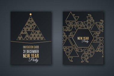 Zarif yeni yıl partisi için davetiye. Siyah bir zemin üzerine altın üçgen desen mozaik yaptı. Noel ağacı mozaiği yaptı. Geometrik tarzı. Vektör