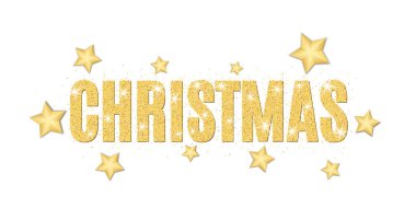 Noel metin beyaz zemin üzerine altın parçacıkları yapılmış. Altın parıltı. Noel ışıkları. Noel altın arka plan için afiş, el ilanı. Altın yıldızlar ve toz. Altın Parlatıcı. Vektör