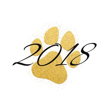 2018 yeni yıl köpek. Bir köpeğin pençe beyaz zemin üzerine altın pırıltılar. Siyah numaraları. Altın kum. Arka plan afiş için. Vektör