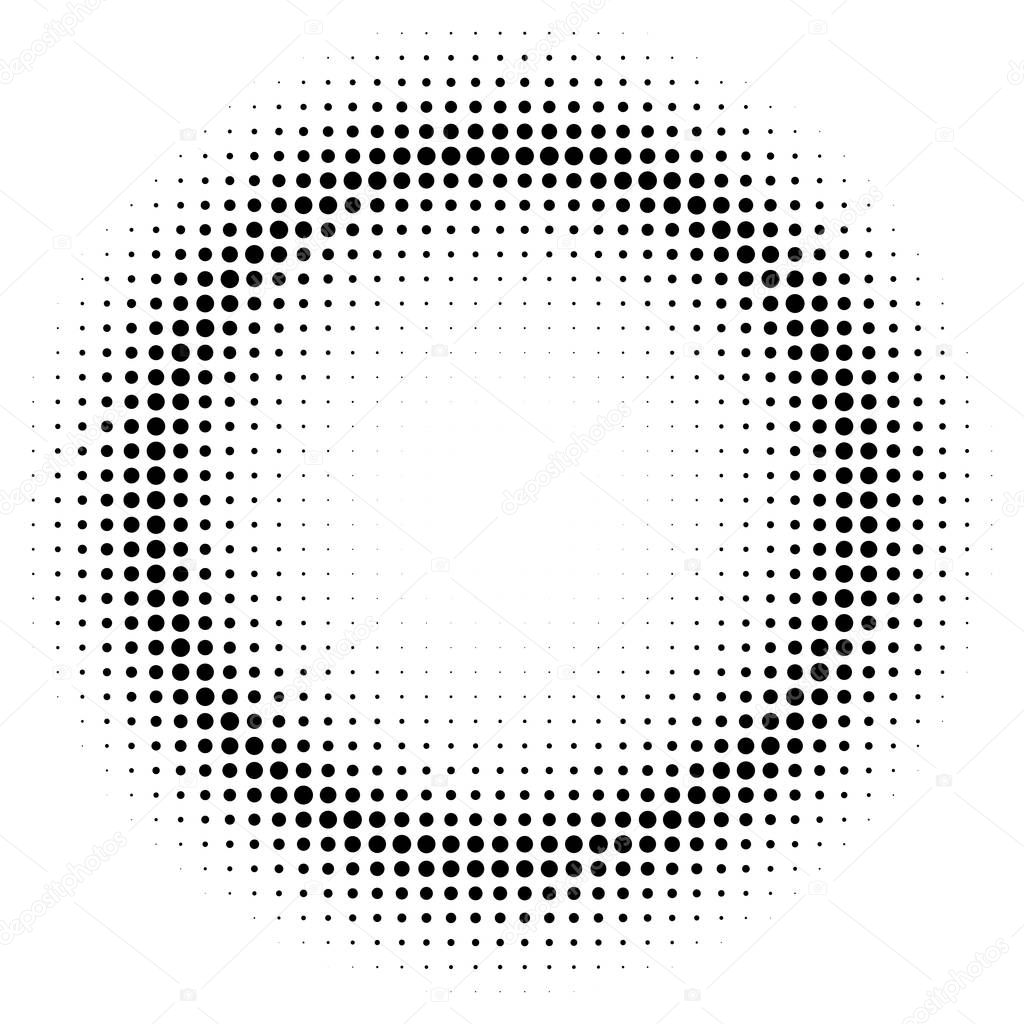 Halftone effect isolated on white background. Ring of dots. Radial gradient. Vector