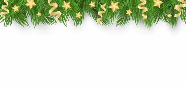 Sfondo natalizio con albero di Natale, stelle dorate e coriandoli di nastri. Sfondo bianco. Modello per il tuo progetto. Vettore — Vettoriale Stock