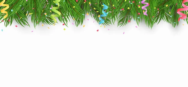 Kerstmis achtergrond met kerstboom en veelkleurige papieren confetti. Witte achtergrond. Sjabloon voor uw project. Vector — Stockvector