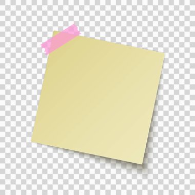 Saydam arka plan üzerinde izole sarı yapışkan not. İş için Office dikkat edin. Pembe bant. Projeniz için şablon. Vektör.