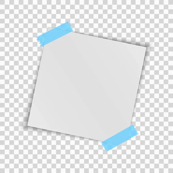 現実的な正方形の白い用紙 1 枚透明な背景に分離されました。青のセロハン テープ。あなたのプロジェクトのテンプレートです。ベクトル — ストックベクタ