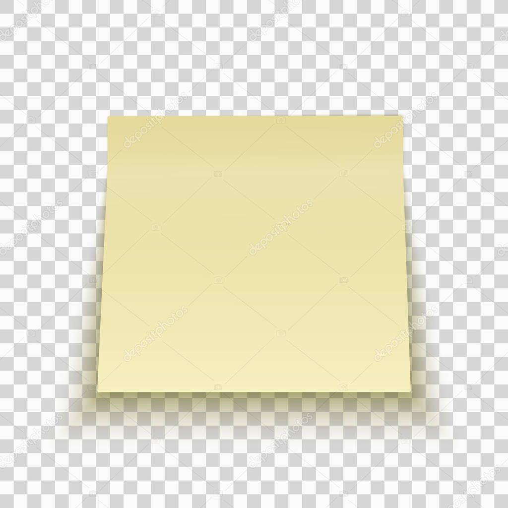 Yellow sticky note isolated on transparent background. Office note. Template for your project. Vector.