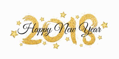 Mutlu yeni yıl 2018. Beyaz bir arka plan üzerinde siyah metin ile altın pırıltılar sayıda. Altın yıldız. Arka plan afiş için. Grunge tarzı fırça. Vektör.