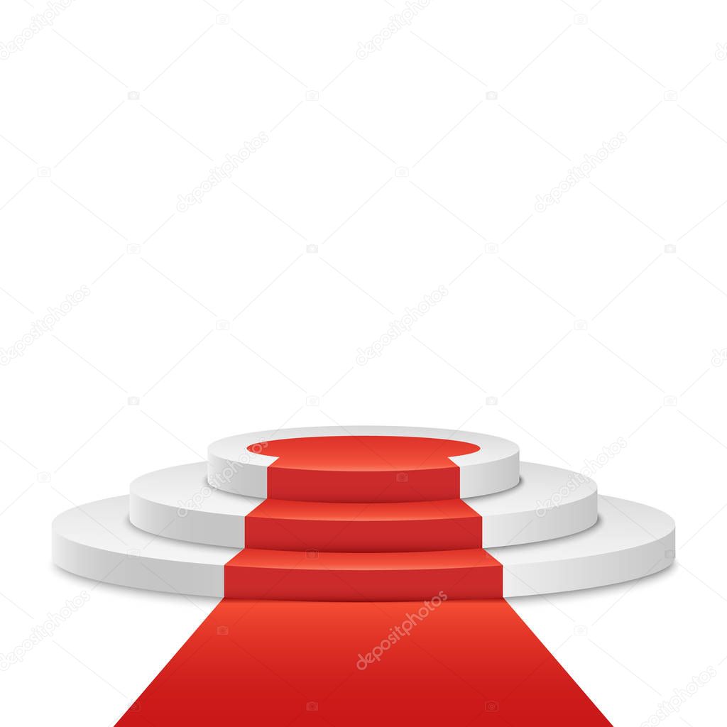 White podium and red road on a white background. The winner is in first place. Light pedestal. Festive event. Vector.