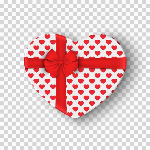 White gift box for Valentines Day. Heart box with a red pattern and a bow of ribbon. Isolated on a transparent background. Graphic element for your design. Vector — Stock Vector