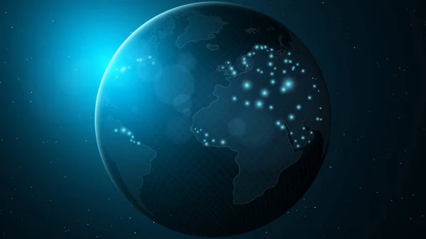 Футуристическая планета Земля. Синее свечение. Космос и звезды. Большой город. Абстрактная карта мира. Высокотехнологичный глобус. Вектор — стоковый вектор