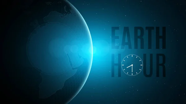 Earth Hour. Kozmik kavramı. Uzayda Dünya futuristik gezegeni. 60 dakika elektrik olmadan. Mavi parlaklık ile gündoğumu. Genel tatil. Soyut Dünya Haritası. Uzay ve yıldız. Vektör — Stok Vektör