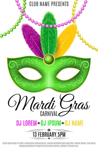 Affisch för Mardi Gras-karneval på en vit bakgrund. Mask för en maskerad. Lyxig mask med färgglada fjädrar. DJ namn. Festlig flyer. Inbjudningskort till club. Vektor — Stock vektor