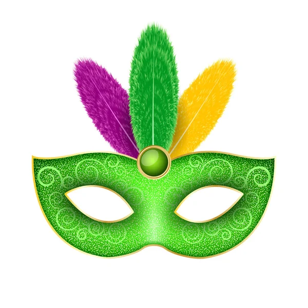 Maschera per il Carnevale del Martedi 'Grasso. Maschera di lusso con un modello e piume colorate isolate su sfondo bianco. Brilla scintillante. Vettore — Vettoriale Stock
