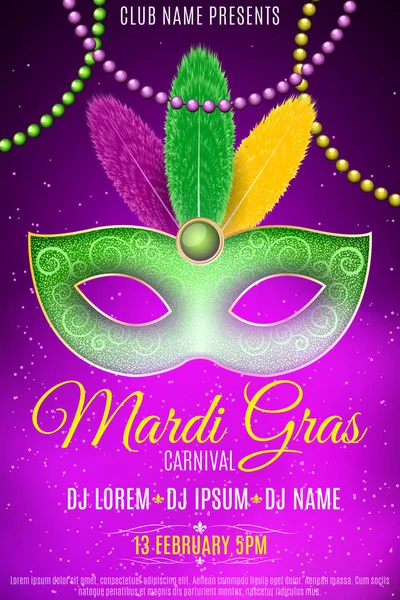 Affisch för Mardi Gras-karneval. Lyxig mask med färgglada fjädrar. DJ namn. Festlig affisch, mall. Lila rök. Inbjudningskort till club. Vektor — Stock vektor