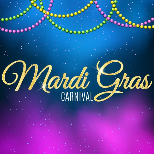 Bakgrunden för Mardi Gras-karneval. Guld glitter text. Välkommen till carnaval. Gyllene glans. Färgglada bollar. Violett blå rök. Mystisk dimma. Vektor — Stock vektor