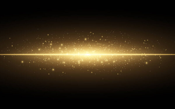 Abstract stylish light effect on a black background. Gold glowing neon line. Golden luminous dust and glares. Flash Light. luminous trail. Vector illustration