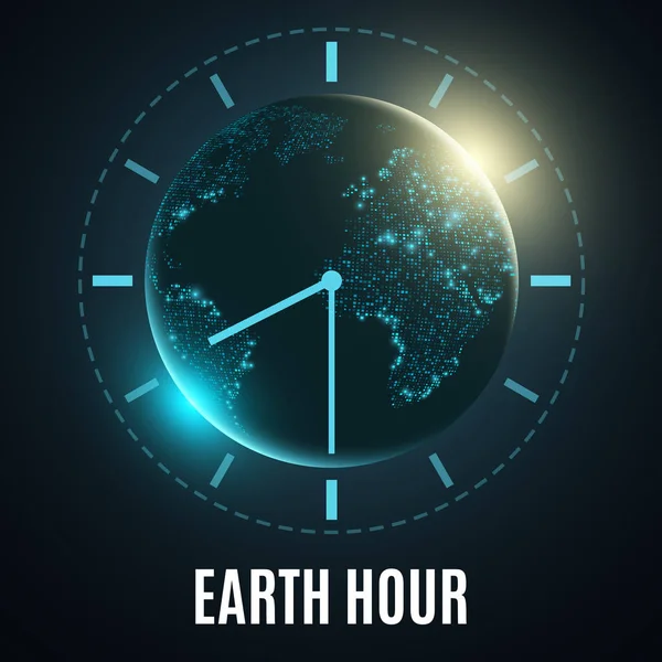 Ora della Terra. Pianeta Terra futuristico. 60 minuti senza elettricità. All'alba. Vacanza globale. Mappa astratta del mondo. Illustrazione vettoriale — Vettoriale Stock