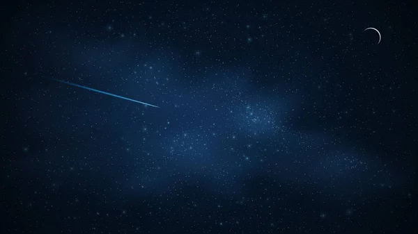Cielo stellato realistico con una luminosa via lattea blu. Stella cadente. Mese lunare. Il meteorite sta cadendo. Stelle splendenti nel cielo buio. Carta da parati per il progetto. Illustrazione vettoriale — Vettoriale Stock
