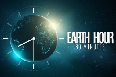 Earth Hour. Dünya futuristik gezegeni. 60 dakika elektrik olmadan. 3D kağıt mektuplar. Güneş doğuyor. Genel tatil. Saat gidin. Soyut Dünya Haritası. Yıldızlı gökyüzü. Vektör çizim