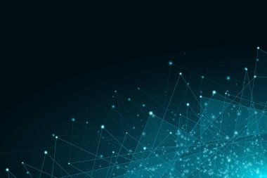 Geometrik arka plan. Mavi parlak koyu arka plan üzerinde üçgen bağlı. Pleksus web. Uçan parlayan ışıklar. Büyük veri. Modern köşeli tasarım. Vektör çizim