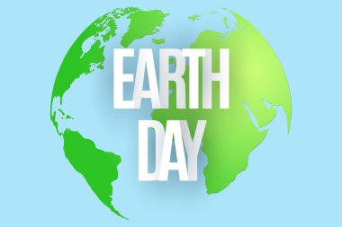 Mutlu Dünya günü. 22 Nisan. Mavi arka plan soyut yeşil gezegende. Kağıt mektuplar metinden. Planet Earth harita. Ekolojik tatil. Vektör çizim