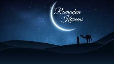 Ramazan Kareem için arka plan. Gece manzarası. Müslüman din kutsal ay. Arap Çölde deve ile duruyor. Yıldızlı gökyüzü. Parlak ay. Vektör çizim