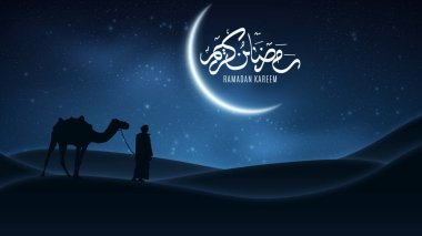 Ramazan Kareem için arka plan. Gece manzarası. Arapça hat. Müslüman din kutsal ay. Arap Çölde deve ile duruyor. Yıldızlı gökyüzü. Işık moon. Vektör çizim