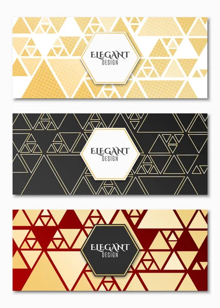 Conjunto de elegantes cartões de luxo para o seu design. Desenho geométrico. Triângulos dourados caóticos. Cartão de felicitações. Bandeiras geométricas. Ilustração vetorial —  Vetores de Stock