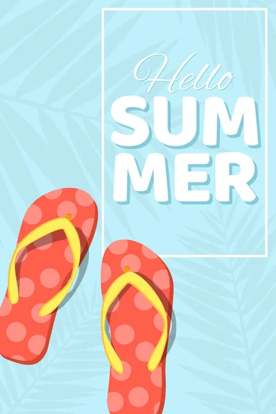 Summer seasonal poster. Beach flip flops on a blue background with a pattern of palm leaves. Cartoon flat style. Bathing season. Vector illustration — Stock Vector