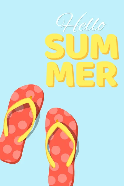 Summer seasonal poster. Beach flip flops on a blue background. Cartoon flat style. Bathing season. Vector illustration — Stock Vector