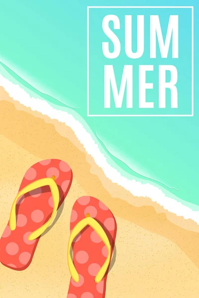 Affiche estivale saisonnière. Des tongs de plage. Au bord de mer. Cartoon style plat. La saison balnéaire. Illustration vectorielle — Image vectorielle