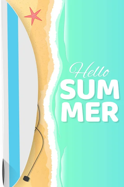 Summer Seasonal Poster Hello Summer Surfboard Seashore Sand Beach Cartoon — Stock Vector