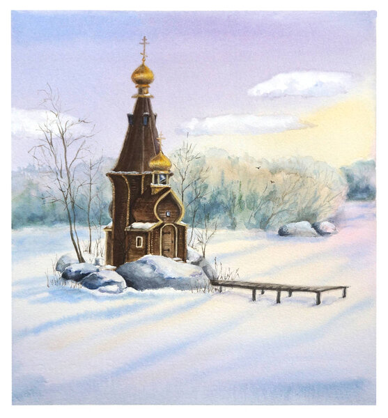 wooden Church of St. Andrew in the winter