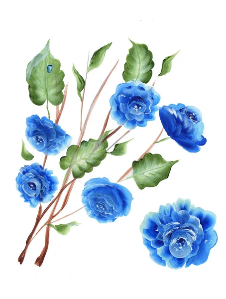 Dipinti bstract di fiori blu e foglie verdi — Foto Stock