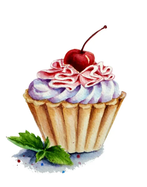 Cupcake with cream and cherry — Stock Photo, Image