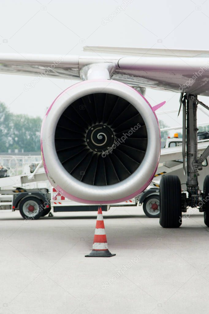 Vertical picture shows the engine of the aircraft, which stands 