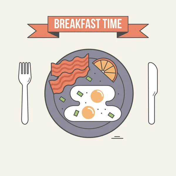 Ilustración vectorial del desayuno. Mesa, plato con huevo frito, tocino y limón, tenedor y cuchillo . — Archivo Imágenes Vectoriales
