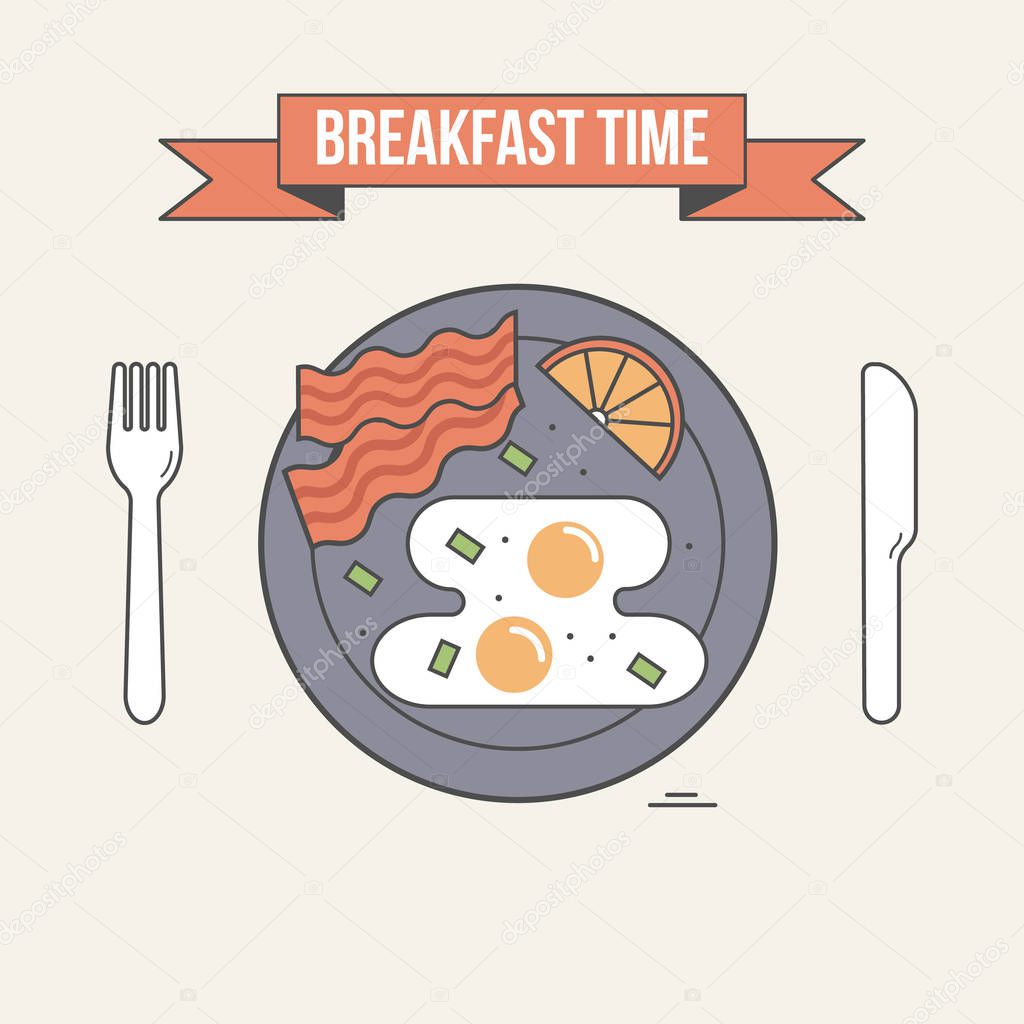 Breakfast time vector illustration. Table setting, plate with fried egg, bacon and lemon, fork and knife