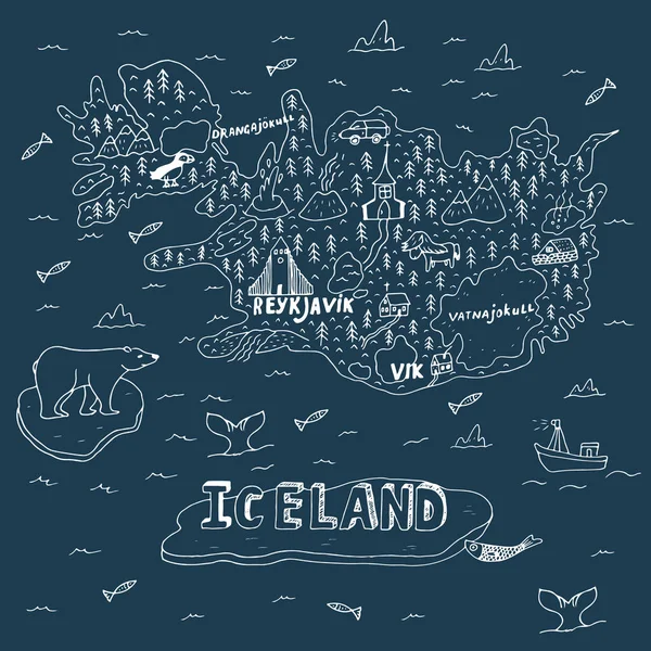 Islandia dibujado a mano mapa de dibujos animados. Ilustración vectorial con hitos de viaje, animales y fenómenos naturales . — Foto de Stock