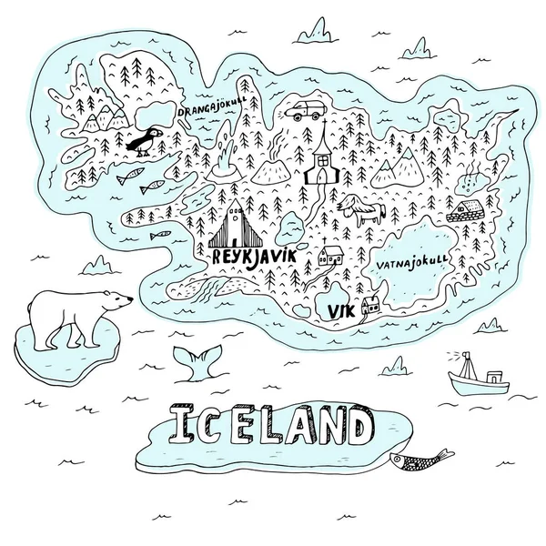Island handgezeichnete Cartoonkarte. Vektorillustration mit Reisedenkmälern, Tieren und Naturphänomenen. — Stockvektor